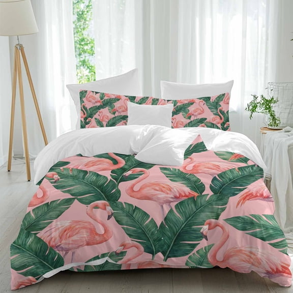 Tropical Flamingos Duvet Cover Set Twin Size, Summer Palm Leaves Botanical Pink Modern 4 Piece Bedding Set with Zipper Closure & Corner Ties Soft Breathable Comforter Cover for Bedroom