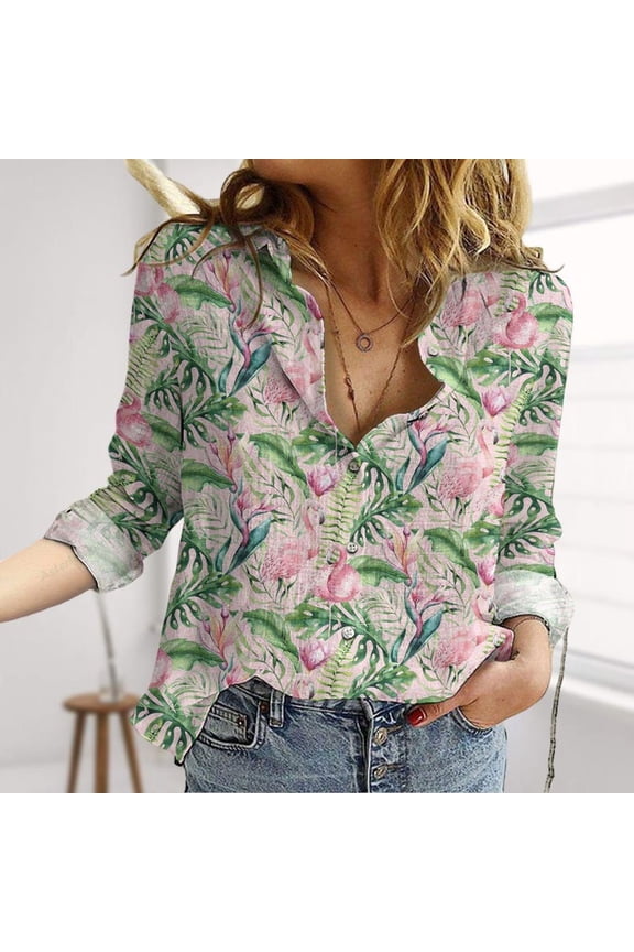Tropical Flamingos Linen-Look Shirt, Tropical Pattern Button Up Shirt, Beachy Party Blouses Tops Women, Pink Birds Casual Shirt For Summer