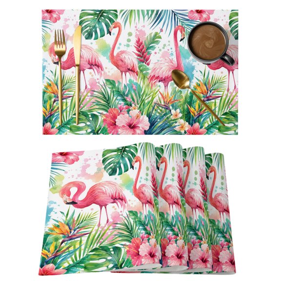 Tropical Flamingos Placemats Set of 12, Summer Exotic Rustic Monstera Leaf Pink Flower Non-Slip Place Mats Washable Table Mats for Kitchen Dining Table Decorations Indoor/Outdoor