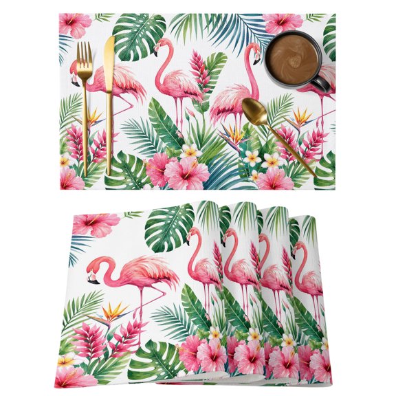 Tropical Flamingos Placemats Set of 6, Summer Rustic Monstera Leaf Pink Yellow Flower Non-Slip Place Mats Washable Table Mats for Kitchen Dining Table Decorations Indoor/Outdoor