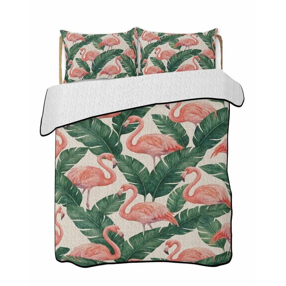 Tropical Flamingos Quilts Bedding Set California King Summer Palm Leaves Retro Linen Texture Lightweight Quilted Bedspread 3 Piece Bed Quilt with 2 Pillow Shams All Season for Bedroom 96" x 106"