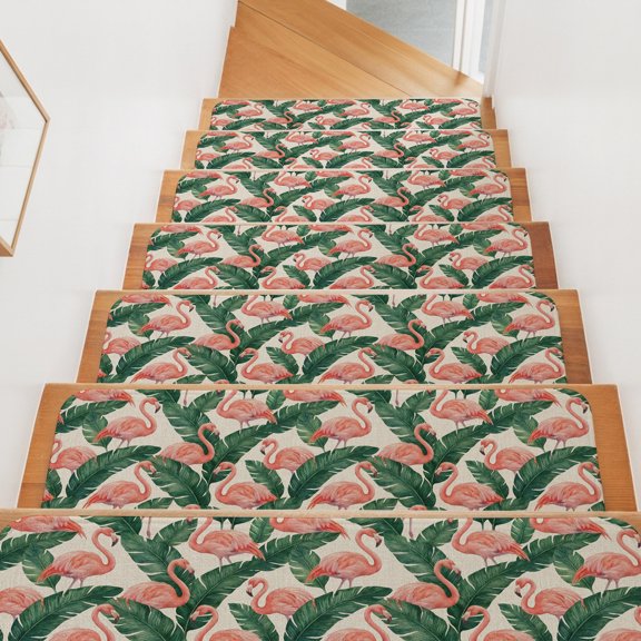 Tropical Flamingos Stair Treads Non Slip for Steps Summer Palm Leaves Retro Linen Texture 15 Pcs Reusable Adhesive Stair Runner Mats for Dogs Elders Carpet Treads Rugs for Staircase 8x30 In