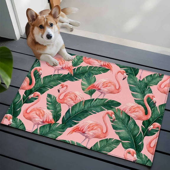 Tropical Flamingos Washable Entry Rug 2x3 Summer Palm Leaves Botanical Pink Modern Low Pile Indoor Door Mat with Rubber Backing Thin Area Rug for for Entrance, Bedroom, Kitchen, Laundry, Bathroom