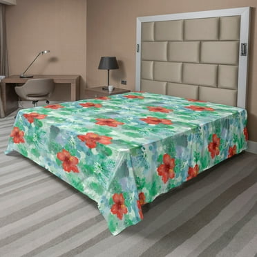Tropical Flat Sheet, Aquarelle Botany Hibiscus Pattern on Jumble Psychedelic Back Print, Soft & Comfy Top Sheet Decorative Bedding 1 Piece, California King, Dark Coral Shamrock Green, by Ambesonne