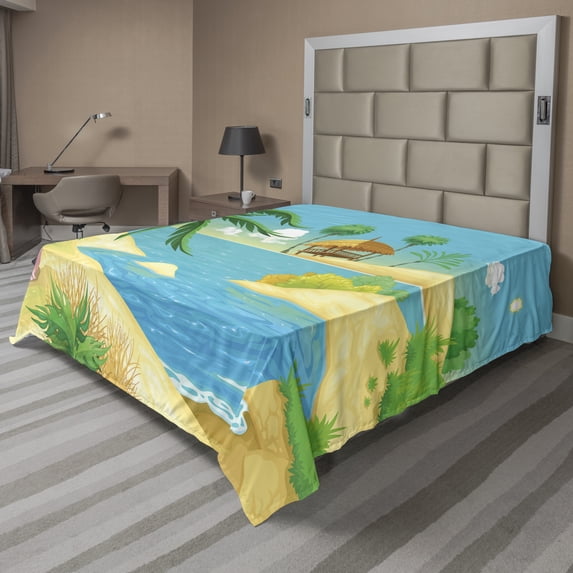 Tropical Flat Sheet, Beach View Cartoon with an Arbor Trees Foliage Plants Nursery Print, Soft Comfortable Top Sheet Decorative Bedding 1 Piece, 6 Sizes, Green Mustard Sky Blue, by Ambesonne