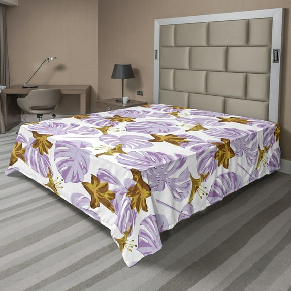 Ambesonne Tropical Flat Bedding Sheet Soft Top Sheet, Bicolour Art Lilly Flowers, King, Pale Purple Amber Mustard
