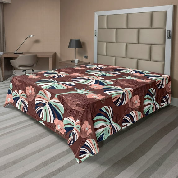 Ambesonne Tropical Flat Bedding Sheet Soft Top Sheet, Simplified Exotic Flora, California King, Pale Salmon Seafoam