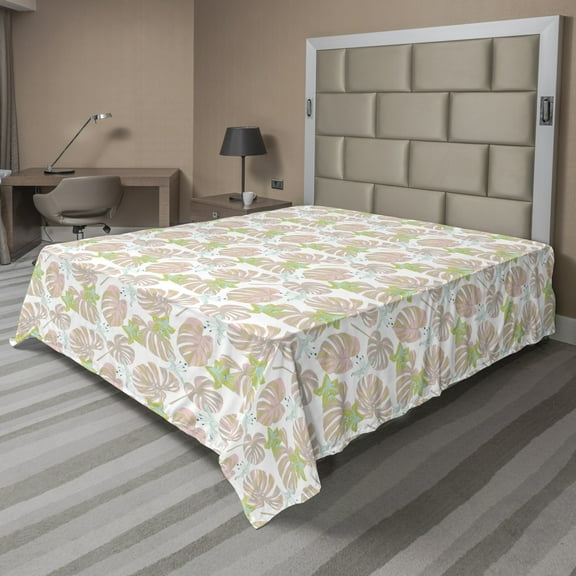 Ambesonne Tropical Flat Sheet, Hawaiian Leaves Pattern, California King, White Pale Salmon Khaki