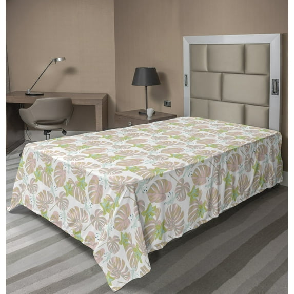 Ambesonne Tropical Flat Sheet, Hawaiian Leaves Pattern, TwinXL Size, White Pale Salmon Khaki