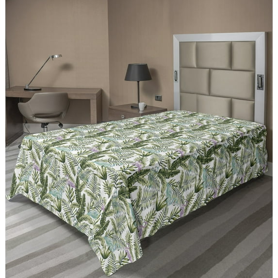 Ambesonne Tropical Flat Sheet, Palm Leaves and Flamingos, Twin Size, Olive Green Multicolor