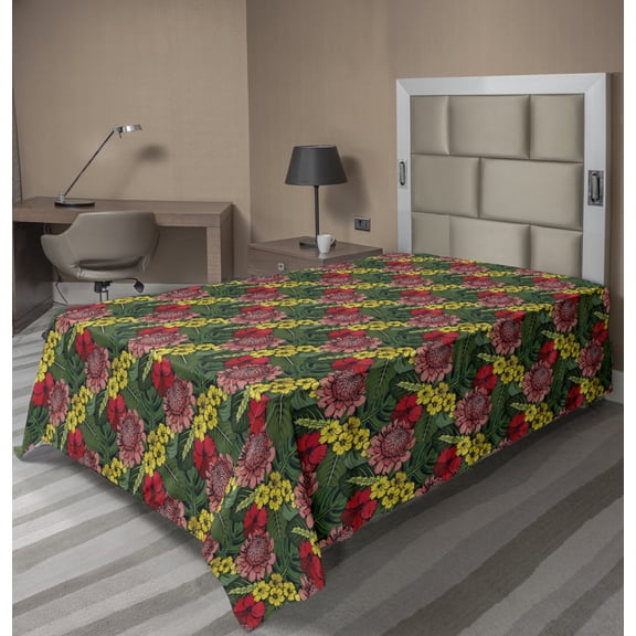 Ambesonne Tropical Flat Sheet, Jungle Floral and Leaves, Twin Size, Olive Green Multicolor