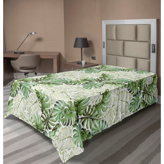 Ambesonne Tropical Flat Bedding Sheet Soft Top Sheet, Palm Foliage Watercolor, Twin, Pale Reseda Green White