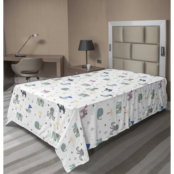Tropical Flat Sheet, Exotic Animals Camel Whale Palm Trees Octopus Cartoon, Soft Comfortable Top Sheet Decorative Bedding 1 Piece, 6 Sizes, Multicolor, by Ambesonne