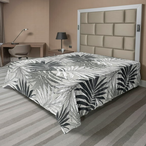 Tropical Flat Sheet, Exotic Concept Monochrome Repeating Jungle Leaves and Dots Pattern, Soft Comfortable Top Sheet Decorative Bedding 1 Piece, King Size, Charcoal Grey and White, by Ambesonne