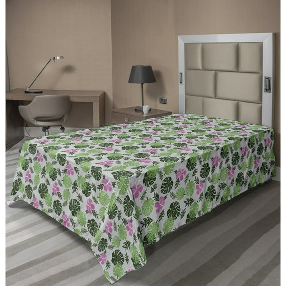 Ambesonne Tropical Flat Sheet, Leafy Exotic Summer Botany, Twin Size, Emerald Fern Green