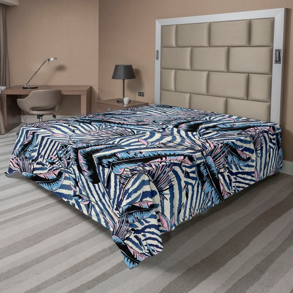 Ambesonne Tropical Flat Bedding Sheet Soft Top Sheet, Exotic Foliage Stripes, King, Pale Sky Blue and Soft Pink