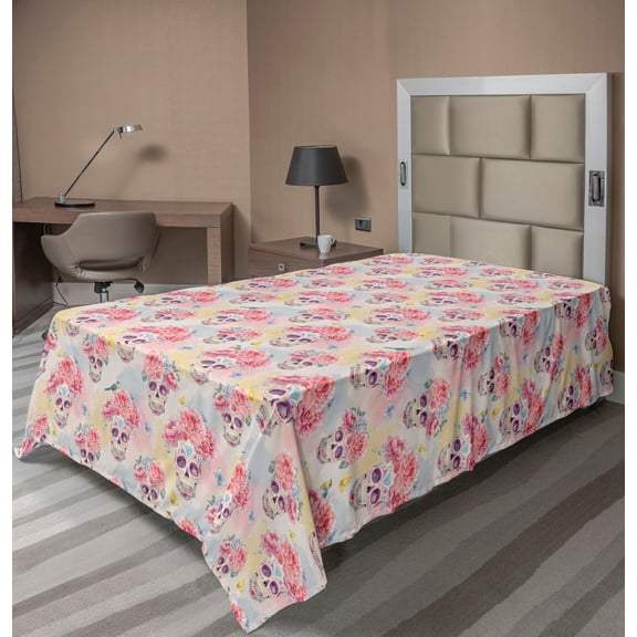 Ambesonne Tropical Flat Bedding Sheet Soft Top Sheet, Sugar Skulls Butterflies, Twin, Pale Ruby Dark Coral