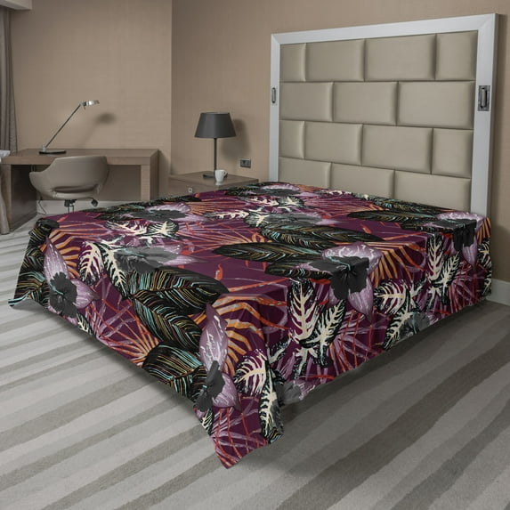 Tropical Flat Sheet, Jungle Leaves Ornaments Exotic Botanical Composition Modern Bloom, Soft Comfortable Top Sheet Decorative Bedding 1 Piece, King Size, Dark Fuchsia and Dark Grey, by Ambesonne