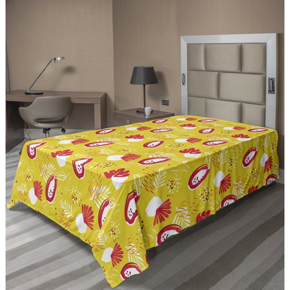 Tropical Flat Sheet, Natural Demonstration with Abstract Papaya and Plants on Yellow, Soft Comfortable Top Sheet Decorative Bedding 1 Piece, 6 Sizes, Yellow Dark Coral, by Ambesonne
