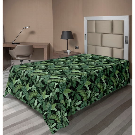 Ambesonne Tropical Flat Bedding Sheet Soft Top Sheet, Nature Exotic Leaves Art, Twin, Fern Green Black