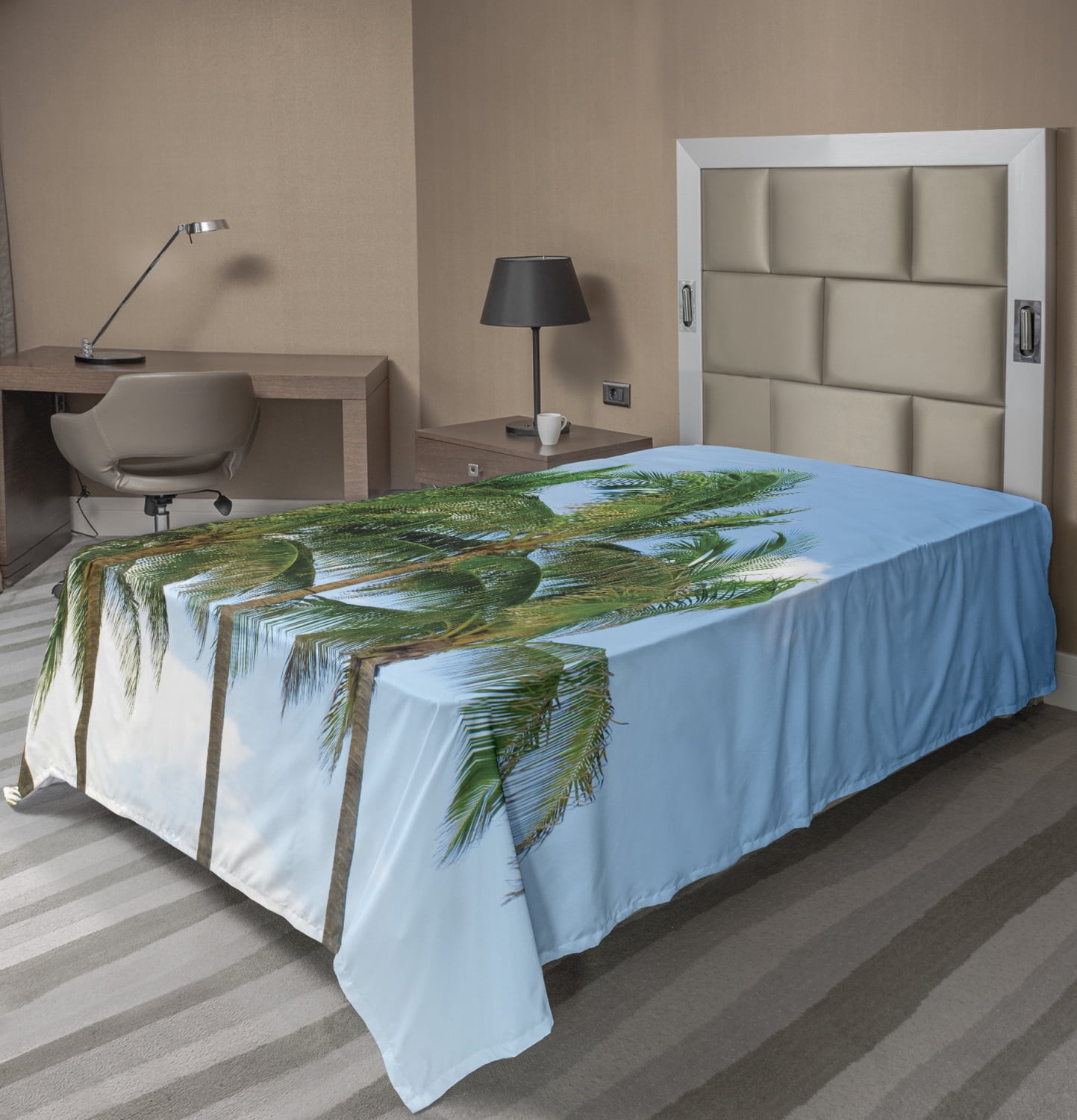Tropical Flat Sheet, Palm Tree Tops in the Sunny Sky Relaxing Exotic