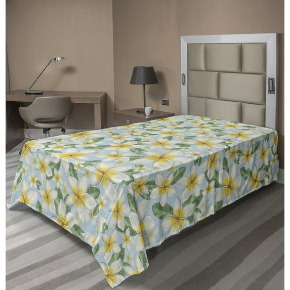 Ambesonne Tropical Flat Bedding Sheet Soft Top Sheet, Little Art Flowers Vintage, Twin XL, Mustard Pale Blue Green
