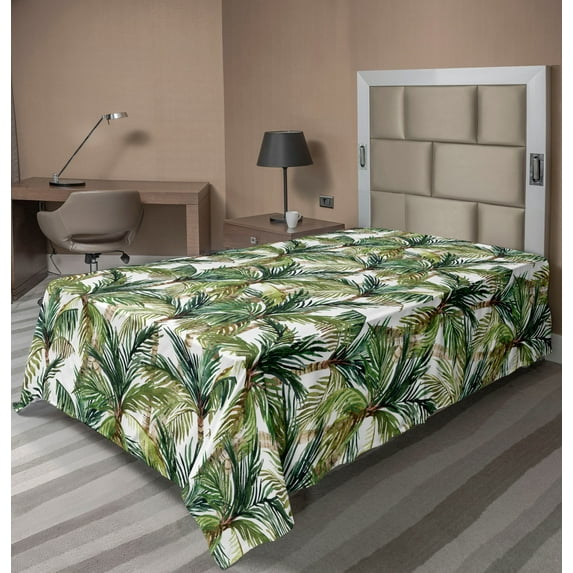 Ambesonne Tropical Flat Bedding Sheet Soft Top Sheet, Repeating Palm Trees Plot, Twin, Hunter Green and Caramel