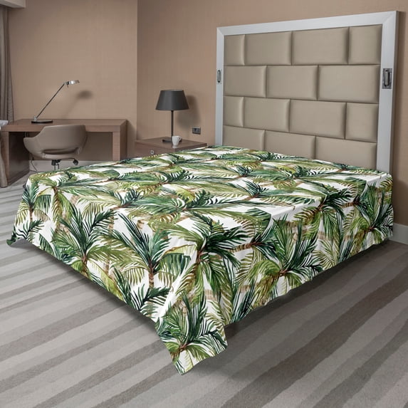 Ambesonne Tropical Flat Bedding Sheet Soft Top Sheet, Repeating Palm Trees Plot, California King, Hunter Green and Caramel