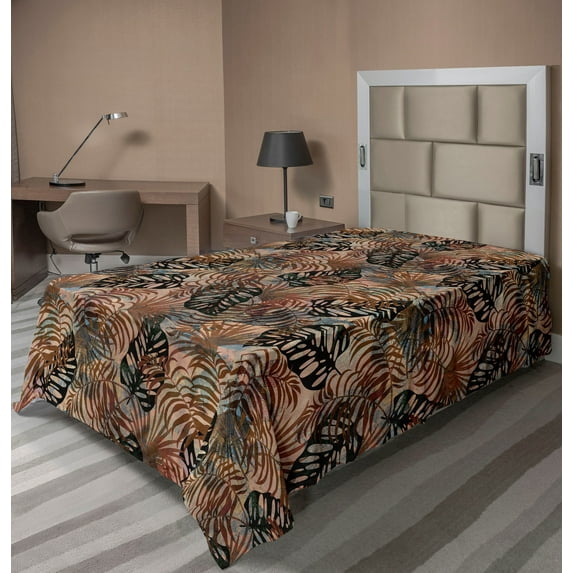 Tropical Flat Sheet, Simple Design Modern Silhouettes of Exotic Leaves Pattern Aloha Print, Soft Comfortable Top Sheet Decorative Bedding 1 Piece, Twin Size, Cinnamon and Warm Taupe, by Ambesonne