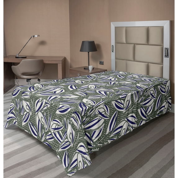 Tropical Flat Sheet, Simplistic Leaves Flowers on Dotted Pattern Back Ornament Art, Soft Comfortable Top Sheet Decorative Bedding 1 Piece, TwinXL Size, Dark Lavender and Sage Green, by Ambesonne