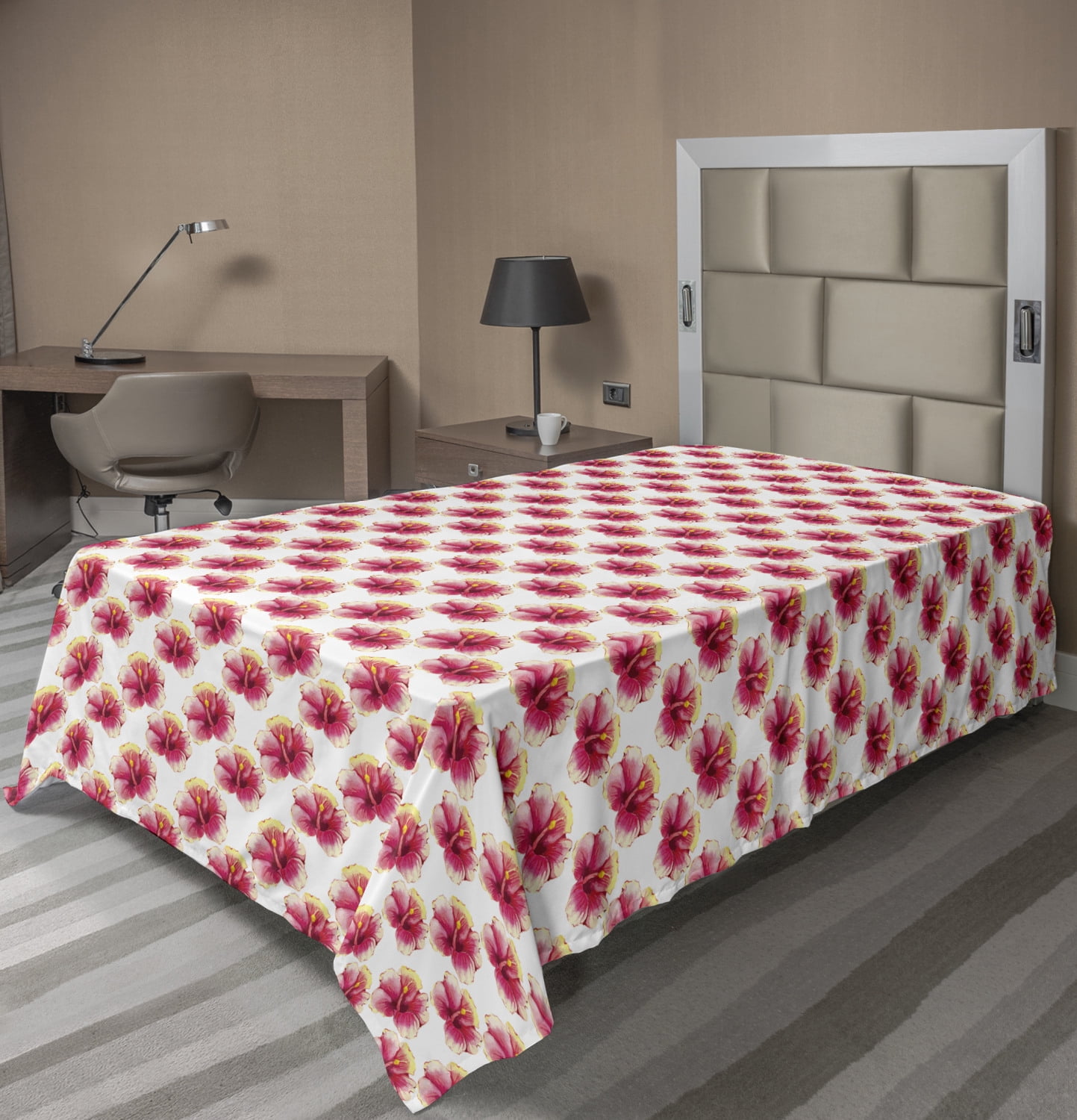 Tropical Flat Sheet, Top View of Watercolor Style Warm Toned Hibiscus ...