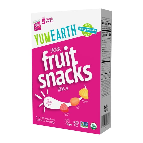 Tropical Flavor Fruit Snacks Allergy No Pack Of 5 Yumearth Assorted 0.7 Oz