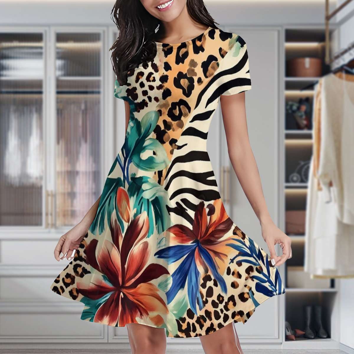 Tropical Floral Animal Print Fabric Women's Classic Swing Skater Dress ...