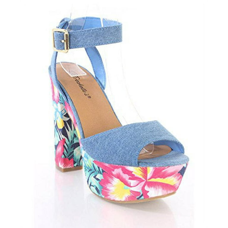 Tropical Floral Aqua Peep Toe Denim Platform Strappy Heels Walmart