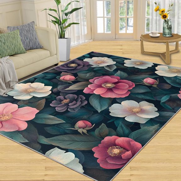 Tropical Floral Area Rugs, Green Botanical Plant Carpet, Washable Non Slip Low Pile Soft Rug for Living Room Bedroom Dining Room Home Office Decor Mat 2x3ft