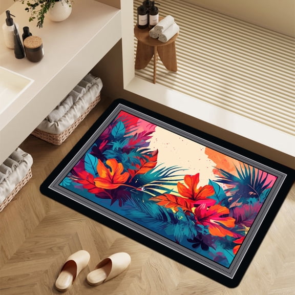 Tropical Floral Bath Mat, Vibrant Tropical Leaves Bathroom Rug, Non-Slip Washable Bath Rug for Bathroom Decor, 24x16in