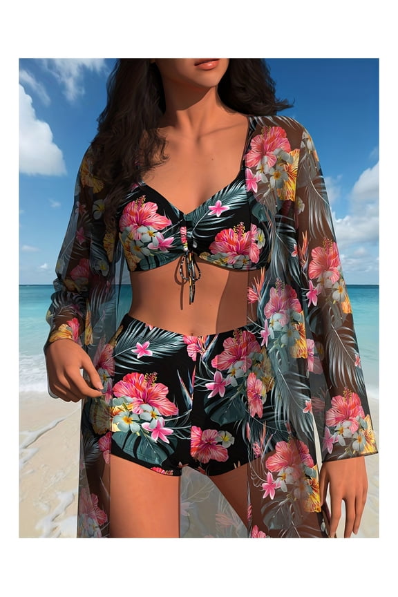 Tropical Floral Bikini Set – 3 Piece Swimsuit for Women with Sheer Kimono – Vintage High Waisted Bathing Suit – Beachwear for Vacation, Summer, and Pool