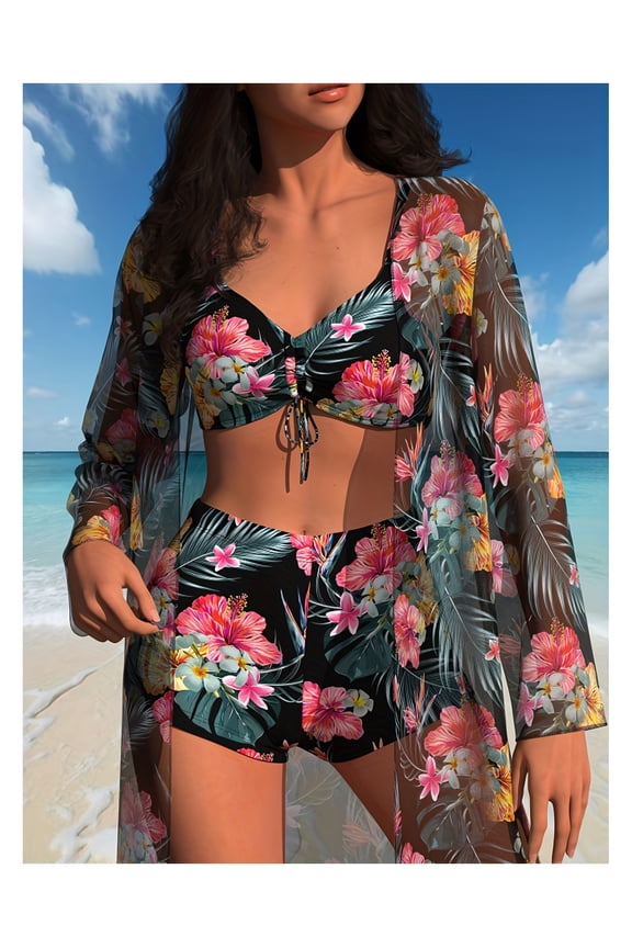 Tropical Floral Bikini Set - 3 Piece Swimsuit for Women with Kimono - Plus Size Available - Beachwear, Bathing Suit, Summer Vacation Outfit