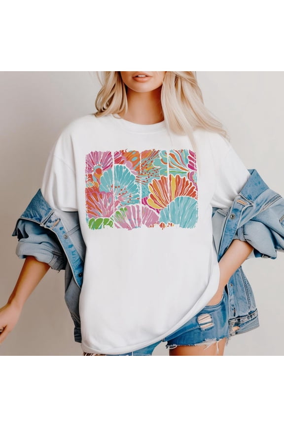 Tropical Floral Brush Stroke Shirt, Bright Boho Tee for Women, Colorful Summer Fashion Top with Retro Bold Aesthetic Vibes