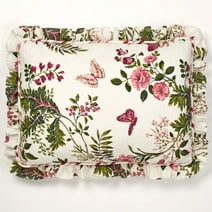 Tropical Floral Butterfly Garden Coral Mauve Green Ivory Ruffle Flanged Standard Sham