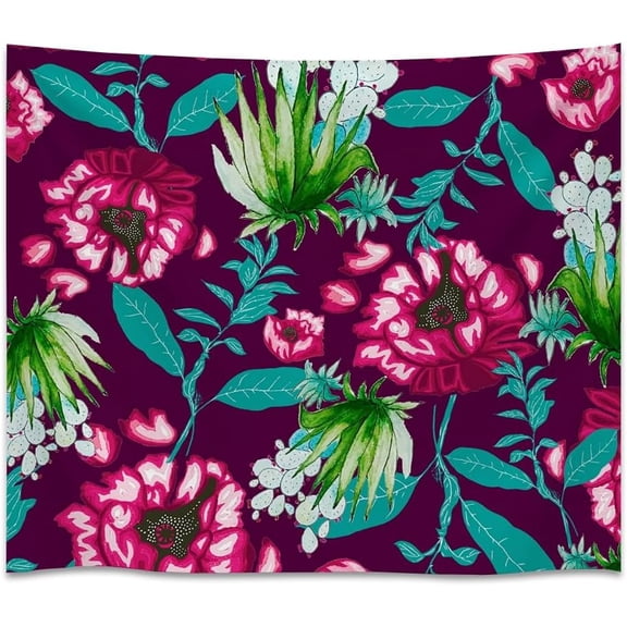 Tropical Floral Cactus Tapestry Pink Watercolor Flowers and Green Leaves Wall Hanging Boho Botanical Decor 30 x 40 Inch