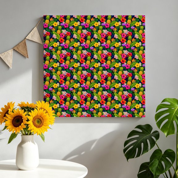 Tropical Floral Canvas Wall Art, Summer Golden Pineapples Pink Hibiscus Leaf Pictures Wall Decor Wooden Framed Artwork Art Prints for Living Room Hallway Bedroom Office 8"x8"