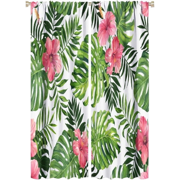 Tropical Floral Curtain Green Plant Nature Blackout Print Rod Pocket Window Drapes for Bedroom Living Room 42x63in