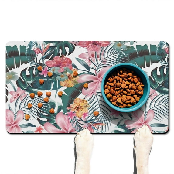 Tropical Floral Dog Food Mat with Vibrant Hawaiian Hibiscus and Exotic Jungle Leaves – Absorbent, Waterproof Pet Feeding Mat for Summer Beach and Boho Style