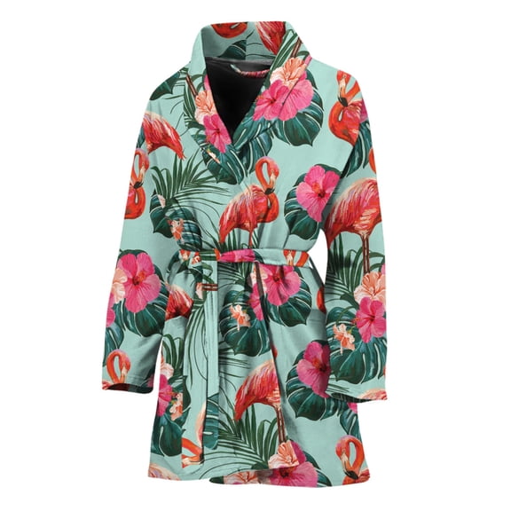 Tropical Floral Flamingo Pattern Women Bathrobe One Size Univeral Fits, Flamingos Lover Fashion Lightweight Plush Fleece Long Robe For Women
