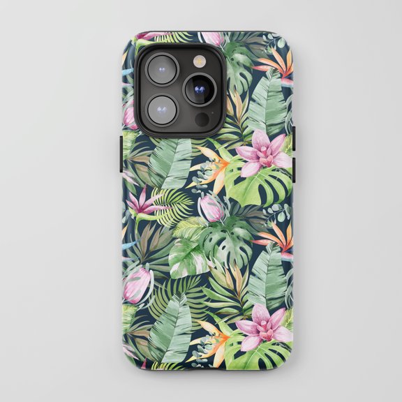 Tropical Floral For All iPhone Series Protective Phone Case Watercolor Botanical Navy Blue