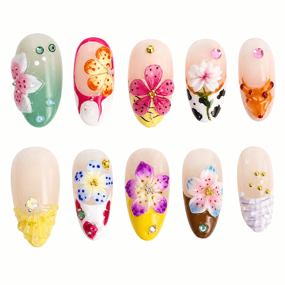 Tropical Floral Fruit Press on Nails, Short Oval Glossy Fake Nails with Rhinestone Accent, 10 Count