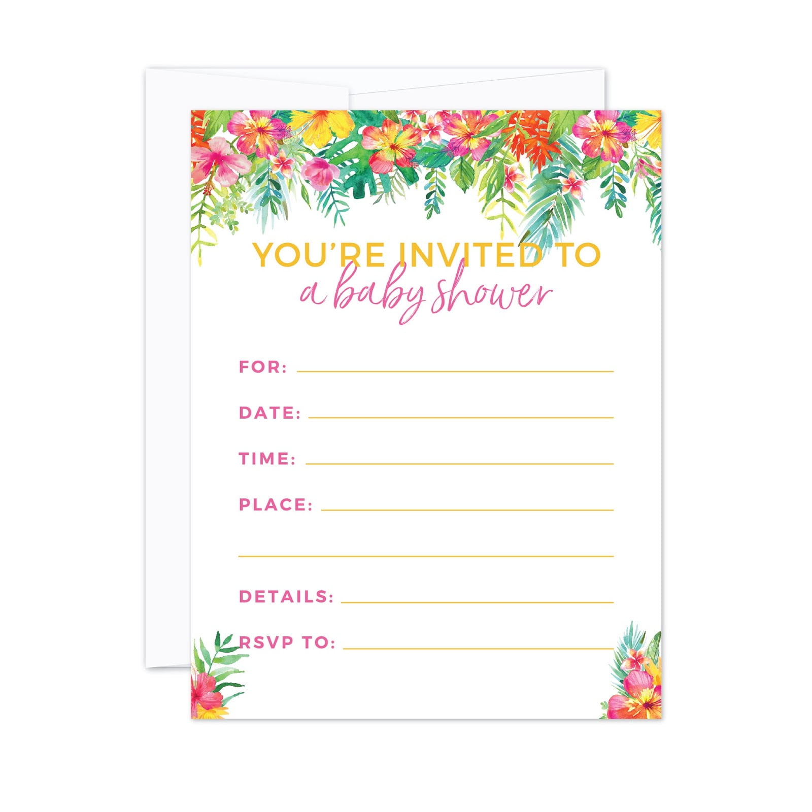 Tropical Floral Garden Party Baby Shower, Blank Invitations with Envelopes,  20-Pack, Games Activities and Decorations, image size:1600x1600