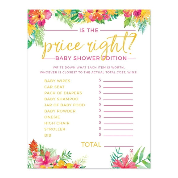 Tropical Floral Garden Party Baby Shower, Is the Price Right Game Cards, 20-Pack, Games Activities and Decorations