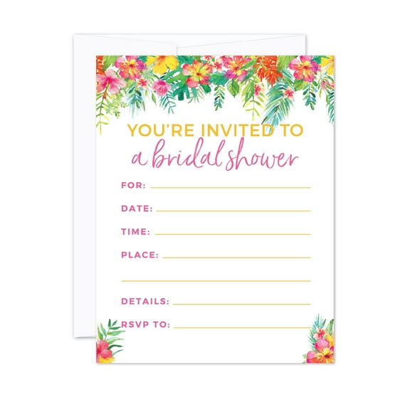 Tropical Floral Garden Party Wedding, Blank Bridal Shower Invitations with Envelopes, 20-Pack